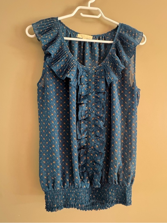 edge Tops - Teal Blue Ruffle-Front abstract printed sheer Top